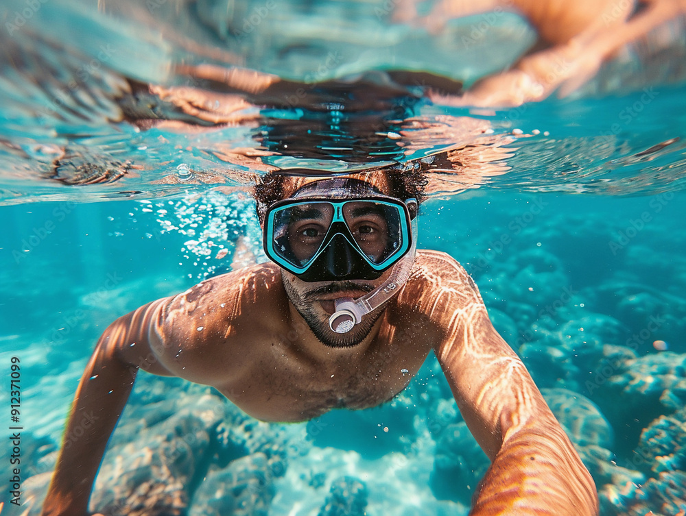 Naklejka premium Man Snorkeling Underwater Among Vibrant Coral Reefs in Clear Tropical Waters