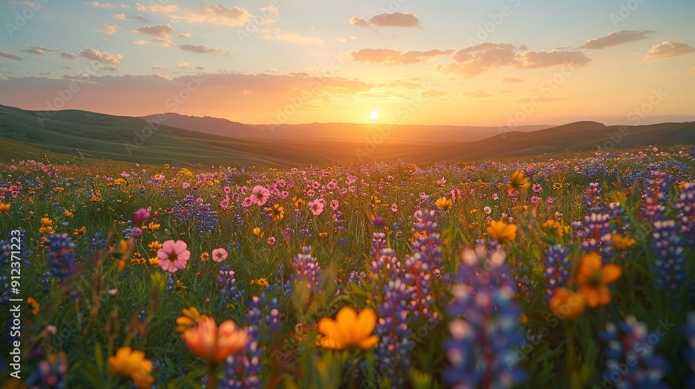 Rolling hills covered in a blanket of wildflowers under a clear sky Rolling hills covered in a blanket of wildflowers under a clear sky