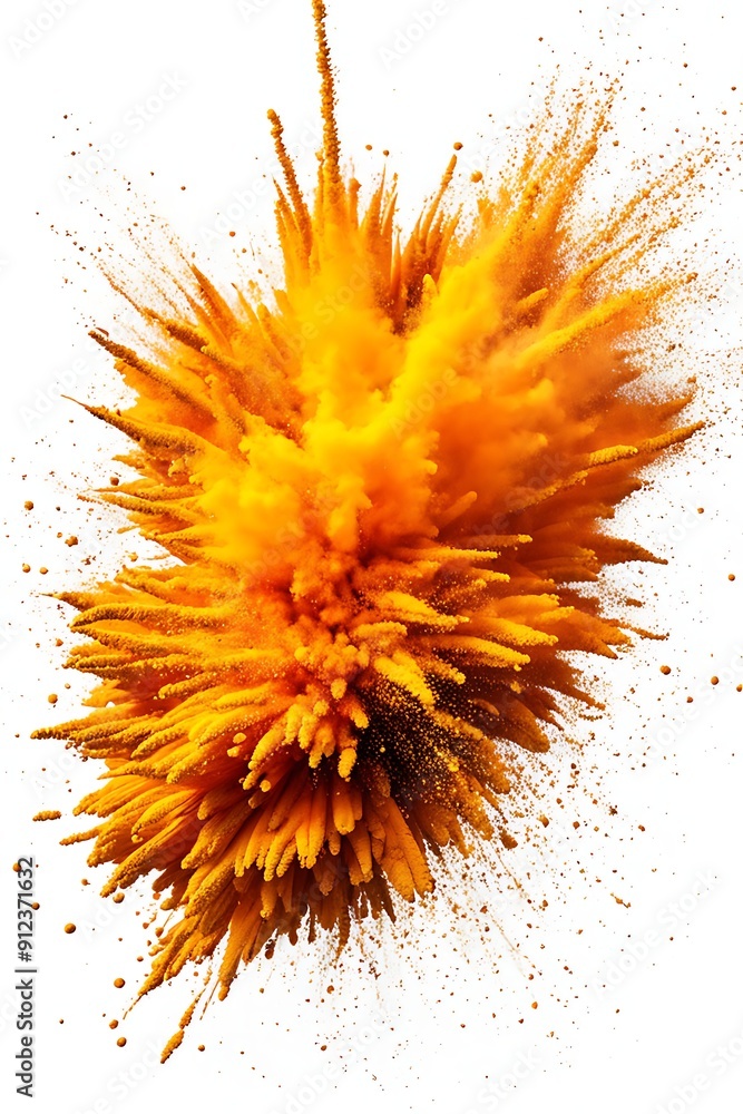 Vibrant orange powder explosion isolated on white background. Abstract burst of colored dust particles. Vertical design for poster, wallpaper, banner Vibrant orange powder explosion isolated on white background. Abstract burst of colored dust particles. Vertical design for poster, wallpaper, banner