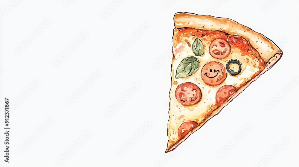 A strange watercolor of a quirky pizza slice with smiling toppings with sunlight filtering through is isolate on white background with copy space A strange watercolor of a quirky pizza slice with smiling toppings with sunlight filtering through is isolate on white background with copy space