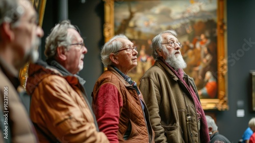 Four men observe and appreciate artwork in a museum setting, engaging in thoughtful conversation