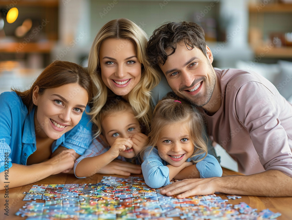 Family Enjoys Quality Time Together While Completing Puzzle at Home in Cozy Living Room Family Enjoys Quality Time Together While Completing Puzzle at Home in Cozy Living Room