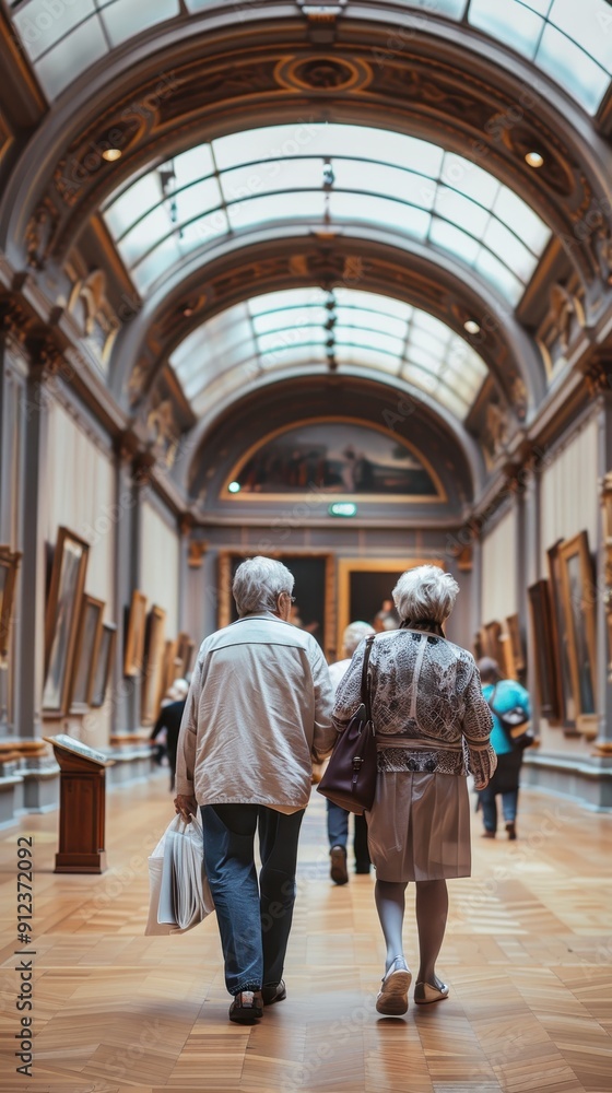 Naklejka premium An elderly couple strolls through an elegant art gallery, admiring the beautiful artwork and architecture