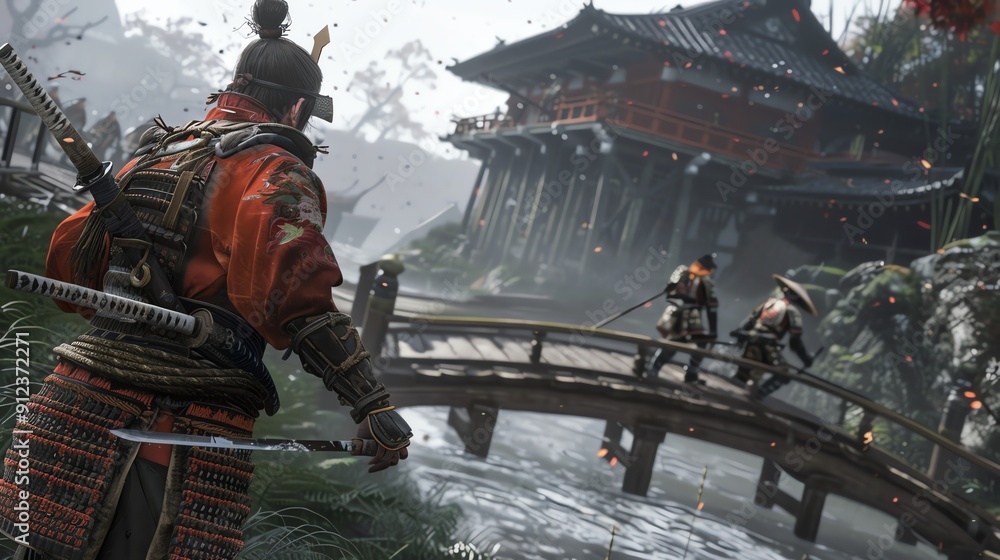 Naklejka premium A samurai warrior stands on a bridge facing two other warriors on the bridge, with a Japanese temple in the background.