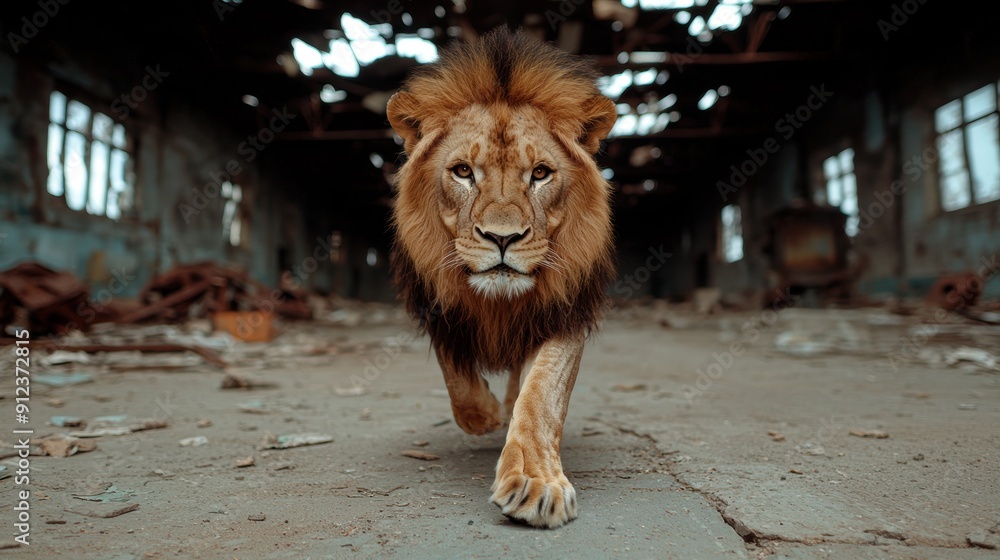 Naklejka premium Powerful lion walking in abandoned building