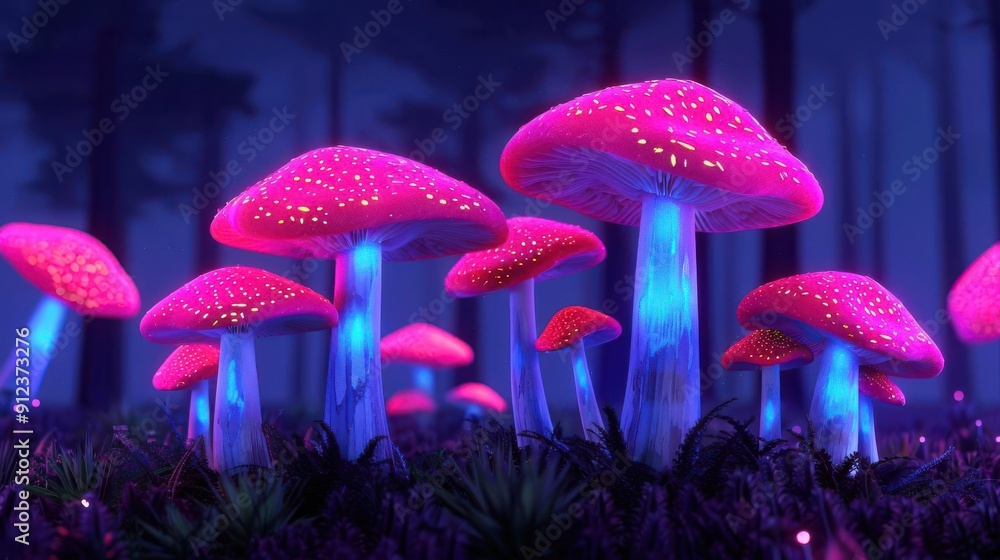 Fototapeta premium Fantasy forest with glowing mushrooms, magical creatures, surreal, vibrant colors, watercolor