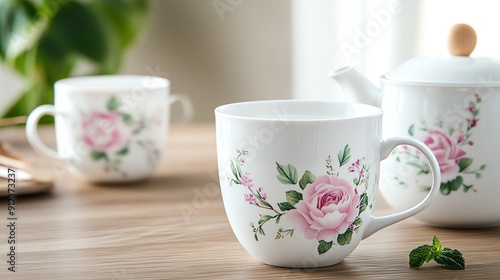 Wallpaper Mural Elegant floral tea cup set with roses, perfect for tea time and adding charm to any dining table or kitchen decor. Torontodigital.ca
