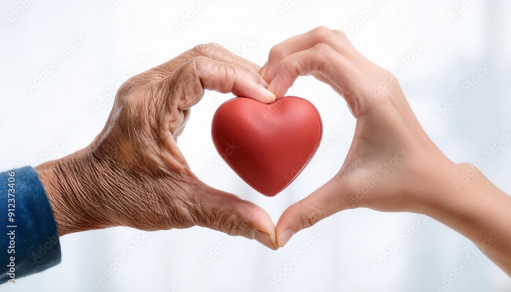 Obraz premium 高齢者と若者の手 愛・ハート 協力 受け継ぐ 助け合う