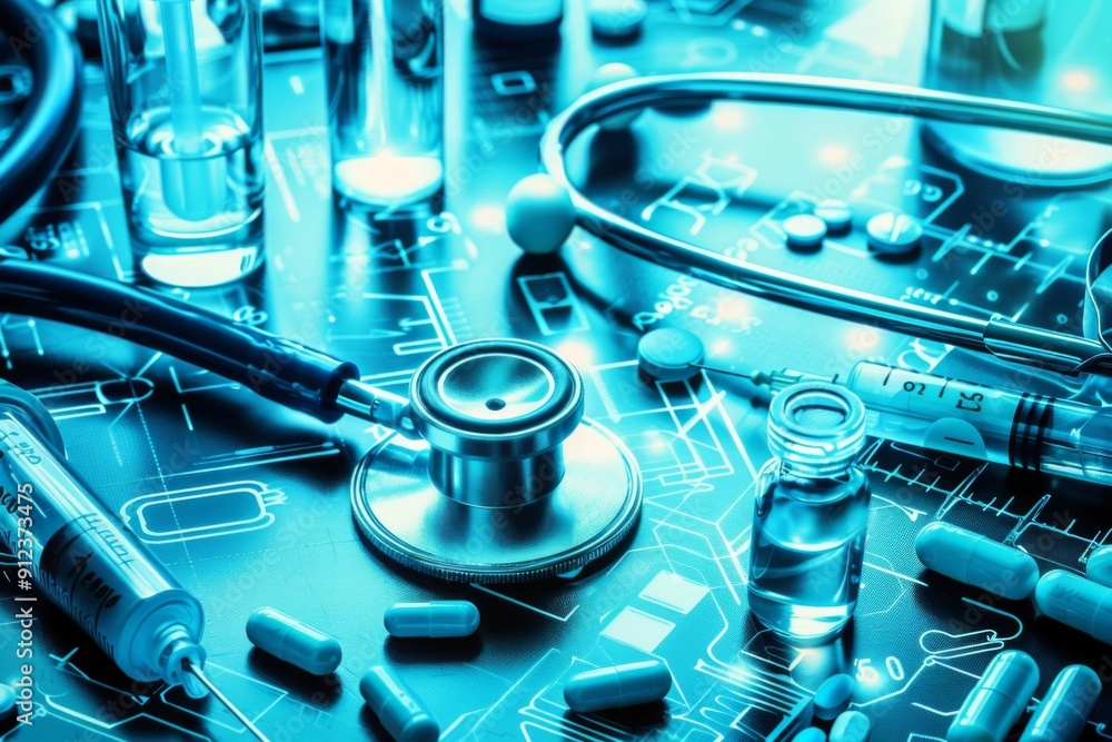Futuristic Medical Background with Instruments, Glass Vials, and Blue Theme Futuristic Medical Background with Instruments, Glass Vials, and Blue Theme