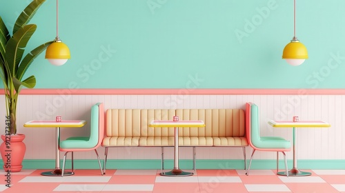 Retro diner scene, 1950s style, bright pastel colors, nostalgic, pop art illustration