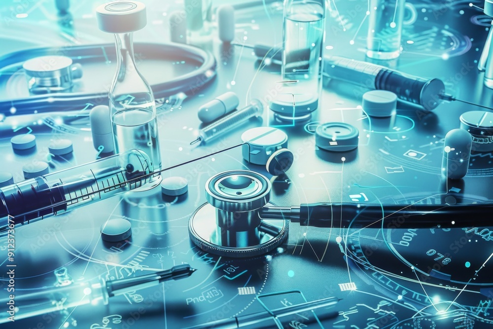 Futuristic Medical Background with Instruments, Glass Vials, and Blue Theme Futuristic Medical Background with Instruments, Glass Vials, and Blue Theme