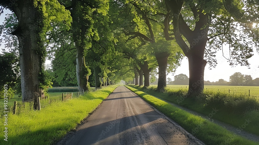 Obraz premium A long, straight road winds through a lush green forest, with a bright sky in the background.