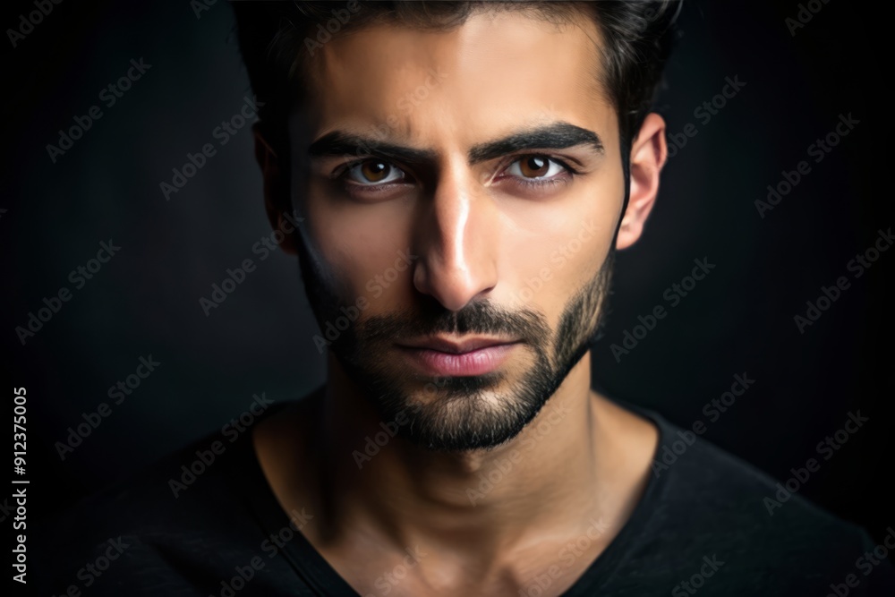 Serene Middle Eastern man with a strong jawline and piercing brown eyes gazes directly at the camera, against a dramatic black background. Serene Middle Eastern man with a strong jawline and piercing brown eyes gazes directly at the camera, against a dramatic black background.