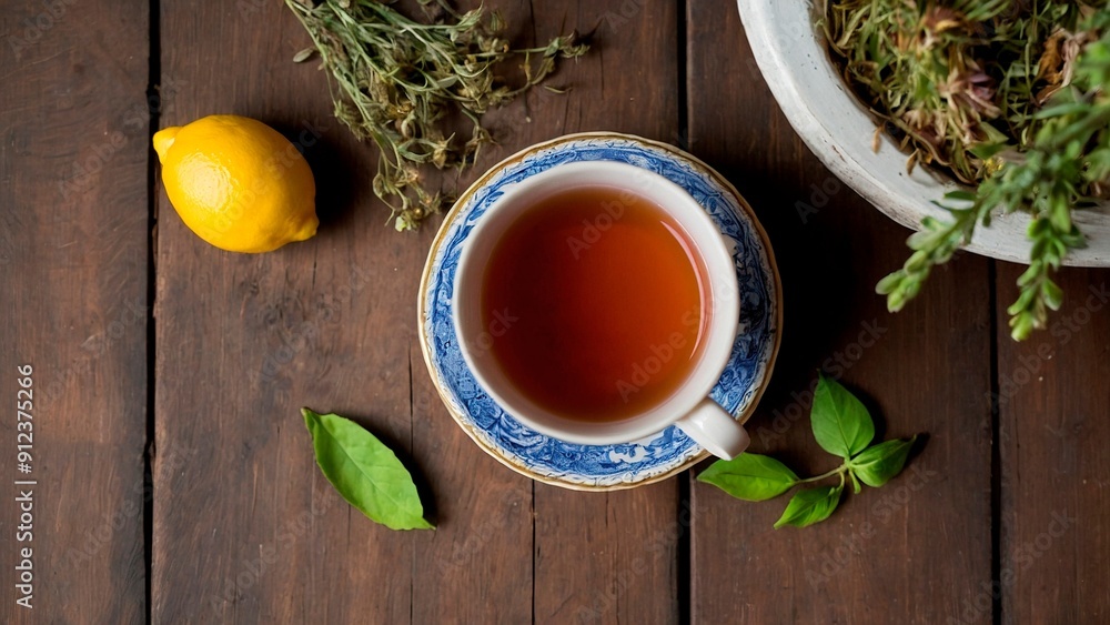 cup of tea with herbs and lemon on wooden table, top view cup of tea with herbs and lemon on wooden table, top view