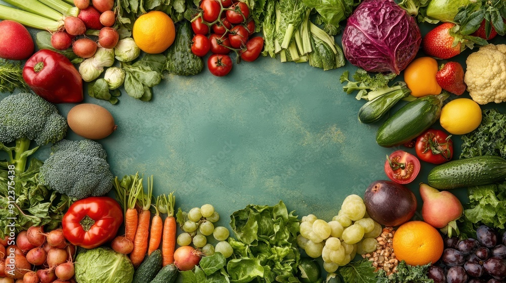 Different fresh fruits and vegetables in studio background,Various types of organic vegetable spread evenly on table,Advertising photo for product made from fresh vegetable ingredient,copy space. Different fresh fruits and vegetables in studio background,Various types of organic vegetable spread evenly on table,Advertising photo for product made from fresh vegetable ingredient,copy space.