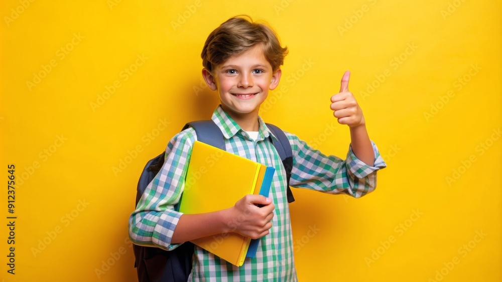 A bright-eyed, smiling preteen boy with a backpack and exercise book gives a thumbs up, exuding confidence and positivity against a vibrant yellow studio background. A bright-eyed, smiling preteen boy with a backpack and exercise book gives a thumbs up, exuding confidence and positivity against a vibrant yellow studio background.