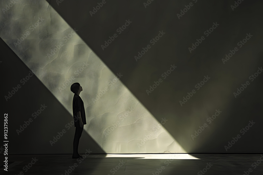 Contemplative Person Standing in a Dark Room Illuminated by a Single Beam of Light, Conceptualizing Solitude and Introspection Contemplative Person Standing in a Dark Room Illuminated by a Single Beam of Light, Conceptualizing Solitude and Introspection