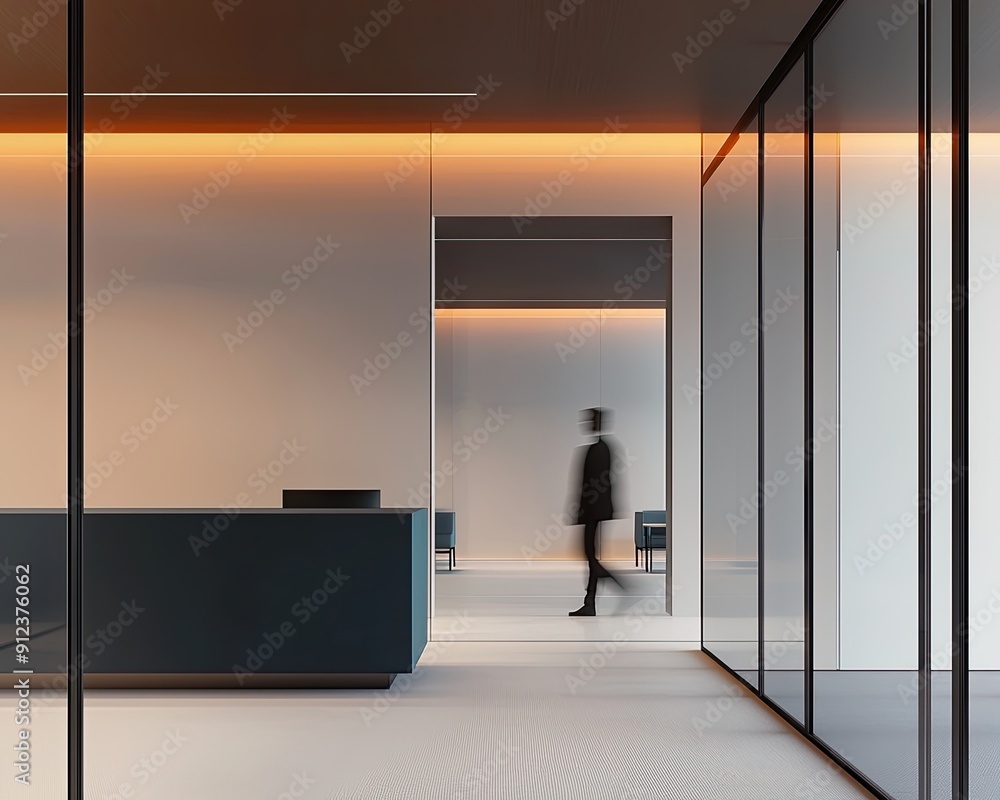 Interior of modern office with white walls, concrete floor, gray reception desk and long corridor with glass doors Interior of modern office with white walls, concrete floor, gray reception desk and long corridor with glass doors