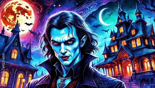 a vampire in front of a castle with a full moon