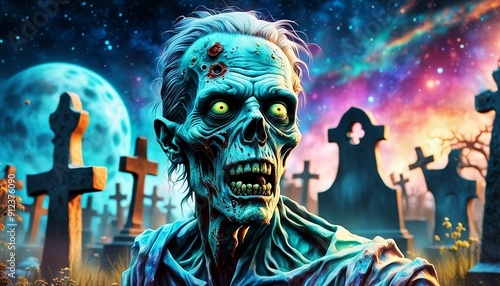 a zombie in a graveyard with a full moon in the background