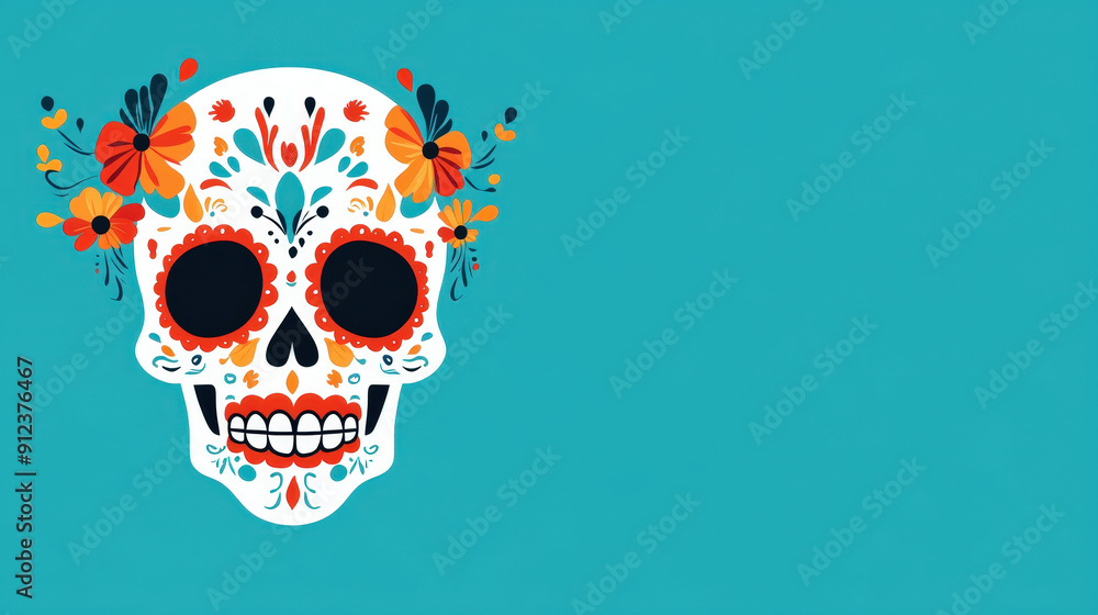 Traditional mexican skull decorated with flowers celebrating dia de los muertos on a blue background with copy space Traditional mexican skull decorated with flowers celebrating dia de los muertos on a blue background with copy space