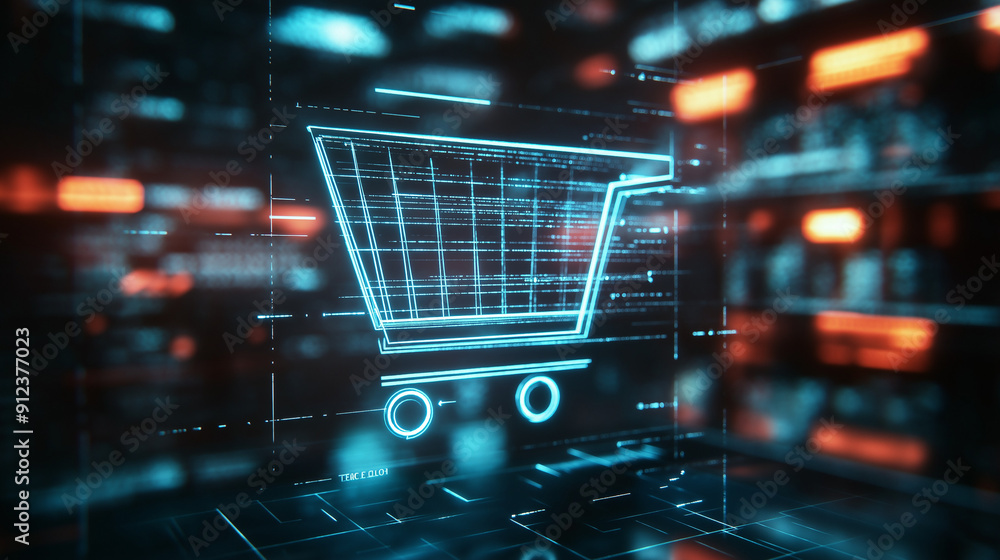 A shopping cart icon being clicked on a screen, with a business context in the background A shopping cart icon being clicked on a screen, with a business context in the background