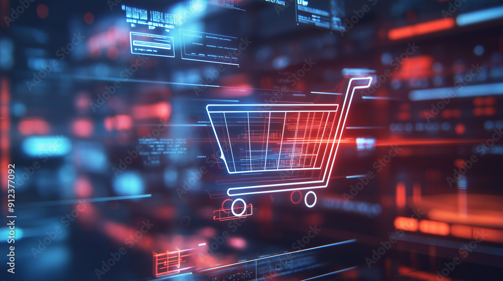 shopping cart in the city, A shopping cart icon being clicked on a screen, with a business context in the background shopping cart in the city, A shopping cart icon being clicked on a screen, with a business context in the background