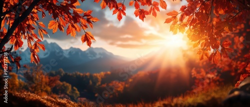 In the early morning the sunrise light effect bathes the wonderful landscape in a golden hue with autumn leaves creating a tapestry of colors sunlight filtering through banner with