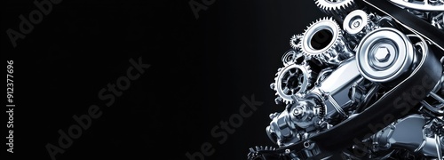 A Closeup of a Shiny Silver Car Engine with Gears and a Black Belt