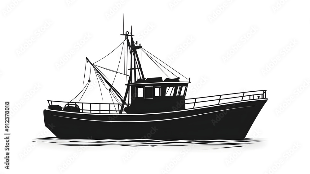 Black silhouette of fishing boat illustration icon for logo, isolated on white background Black silhouette of fishing boat illustration icon for logo, isolated on white background