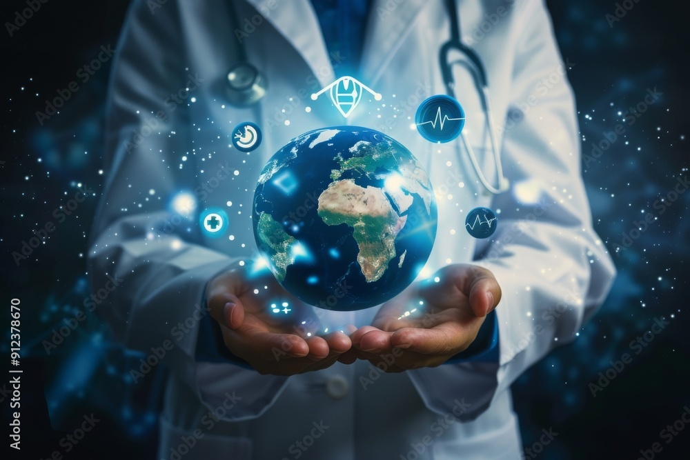 Hands Holding Earth with Health Symbols in Futuristic Digital Medical Technology World, Blue Color Scheme, High Resolution Hands Holding Earth with Health Symbols in Futuristic Digital Medical Technology World, Blue Color Scheme, High Resolution