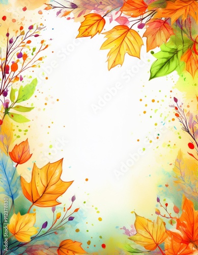 Fall season frame. Autumnal background with watercolor leaves and branches. Greeting card or invitation