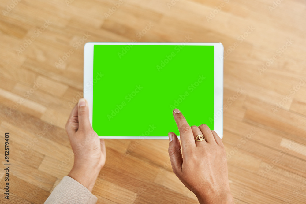 Green screen, hands and tablet with business person at desk of office for advertising or marketing. App, mockup space and social media with corporate employee in professional workplace from above Green screen, hands and tablet with business person at desk of office for advertising or marketing. App, mockup space and social media with corporate employee in professional workplace from above