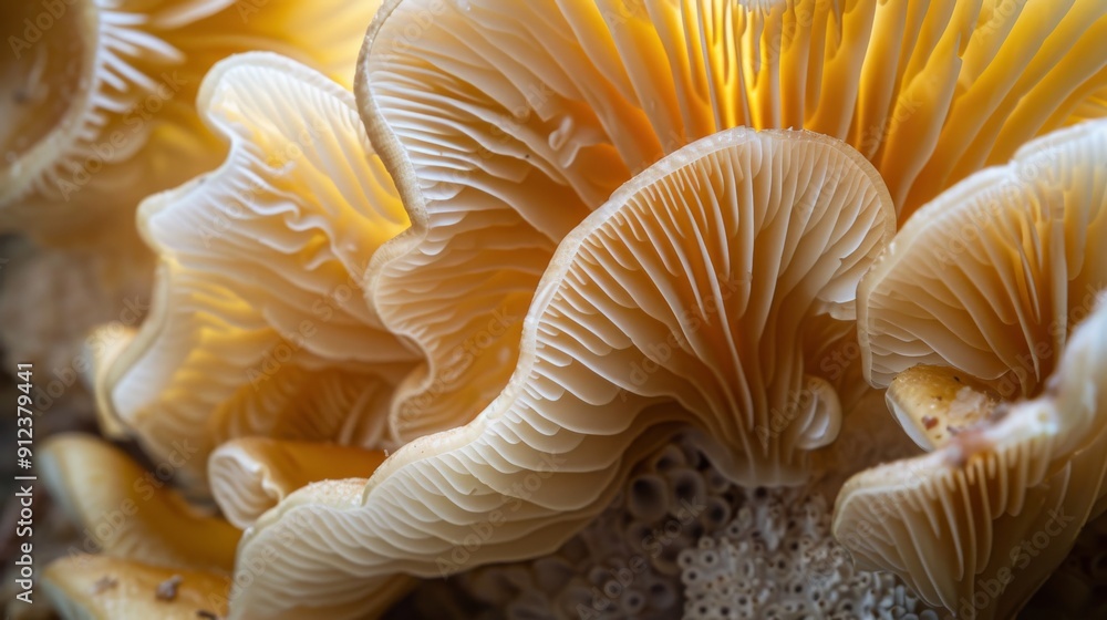 close-up shot of golden oyster mushrooms with unique textures and colors, blurred background and soft natural lighting highlighting their delicate beauty close-up shot of golden oyster mushrooms with unique textures and colors, blurred background and soft natural lighting highlighting their delicate beauty