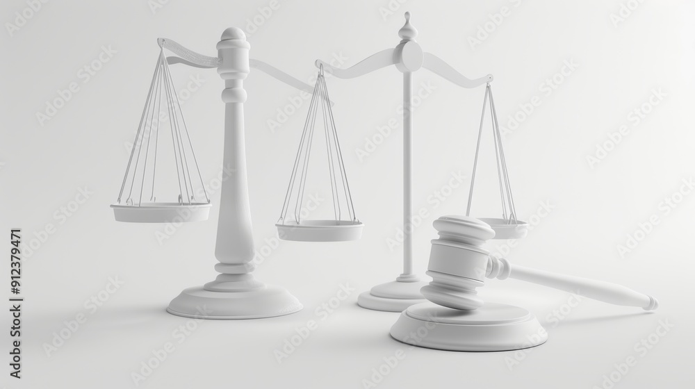 Minimal 3D render of a gavel and law scale in white with lighting and reflections on a white background. Minimal 3D render of a gavel and law scale in white with lighting and reflections on a white background.