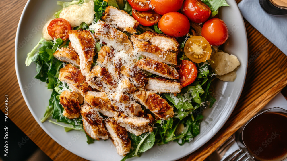 Caesar salad topped with crispy chicken, juicy tomatoes, grated Parmesan cheese, and crunchy focaccia bread. Caesar salad topped with crispy chicken, juicy tomatoes, grated Parmesan cheese, and crunchy focaccia bread.