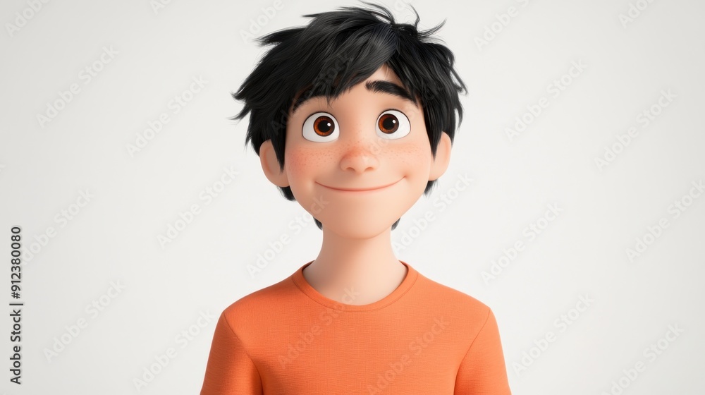 Smiling cartoon boy with black hair and freckles, wearing an orange shirt Smiling cartoon boy with black hair and freckles, wearing an orange shirt