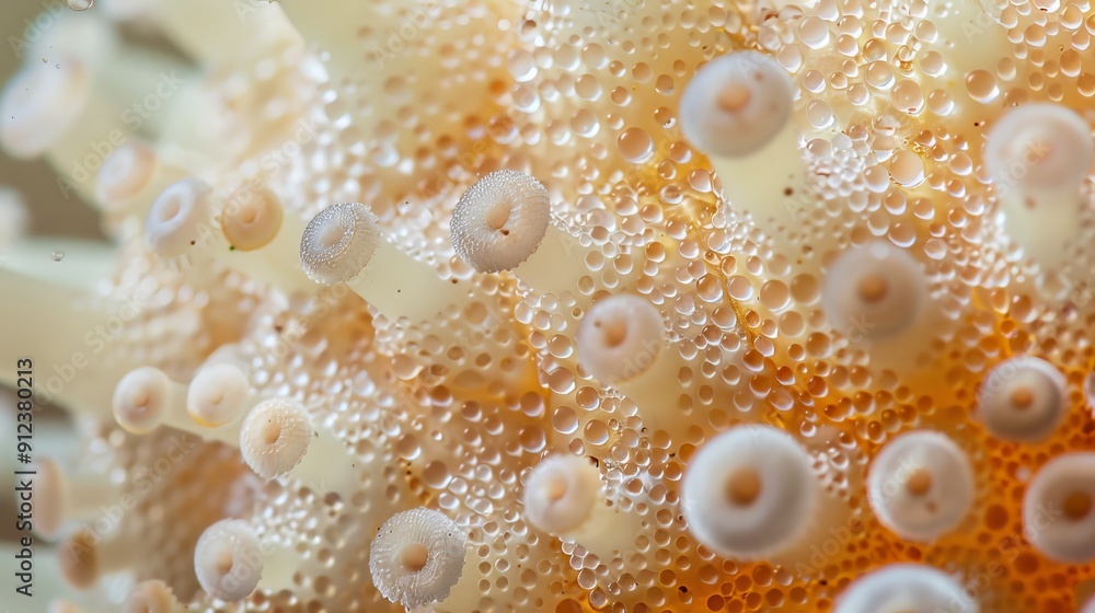 close-up of sea anemones with white and beige pearls in macro photography style, focusing on intricate patterns and vibrant colors in an underwater environment close-up of sea anemones with white and beige pearls in macro photography style, focusing on intricate patterns and vibrant colors in an underwater environment