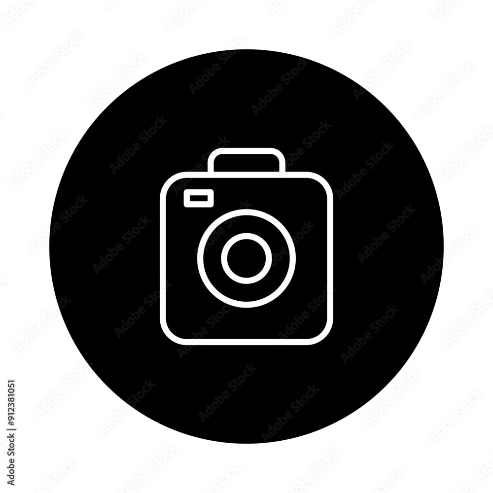 Vector icon of a camera, outline design with black color circle background. Vector icon of a camera, outline design with black color circle background.