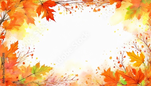 Fall season frame. Autumnal background with watercolor leaves and branches. Greeting card or invitation