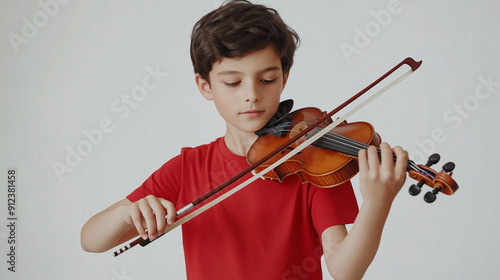 A boy is passionate about playing the violin. White isolated background