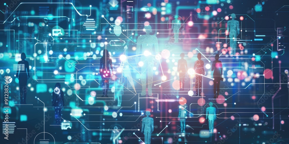 Fototapeta premium Illustration of a network that digitally connects people around. The generation of AI.