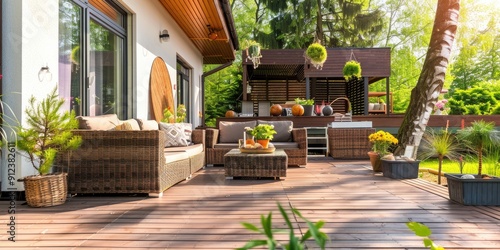 Spacious deck with well appointed furnishings front door dining table and cozy lounge chairs photo