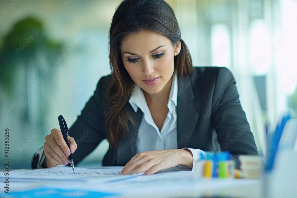 Obraz premium Female Auditor Reviewing Financial Statements for Compliance in Modern Office Environment