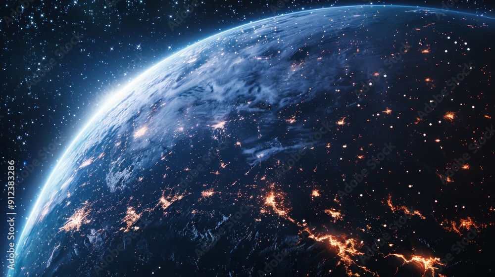 Obraz premium Fantasy space blue planet with a bright star in the center landscape