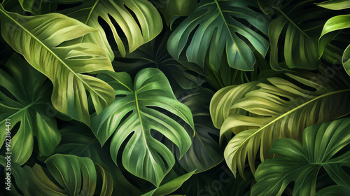 detailed, realistic, close-up, lush, green, tropical leaves, layered, overlapping, natural textures, veins, rich green hues, intricate details, leaf surfaces, natural, vibrant, depth