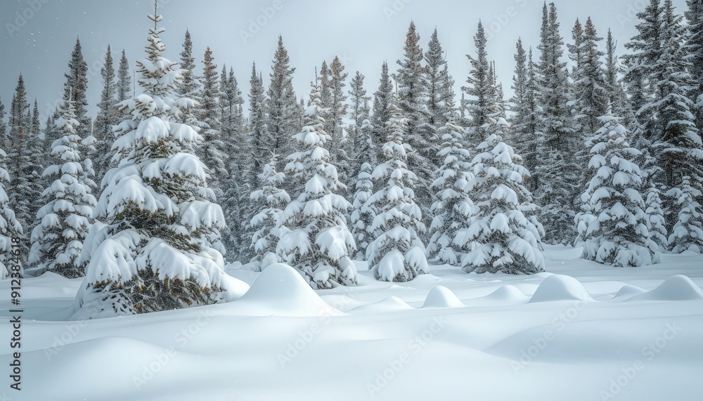 Snow-covered pine trees in a tranquil winter wonderland with soft falling snow Snow-covered pine trees in a tranquil winter wonderland with soft falling snow
