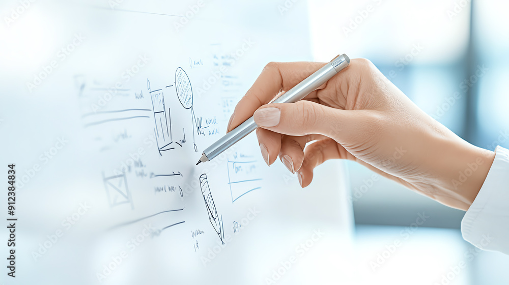 Close-up of a hand holding a pen and drawing on a transparent board, brainstorming ideas for a project or presentation in a modern office. Close-up of a hand holding a pen and drawing on a transparent board, brainstorming ideas for a project or presentation in a modern office.