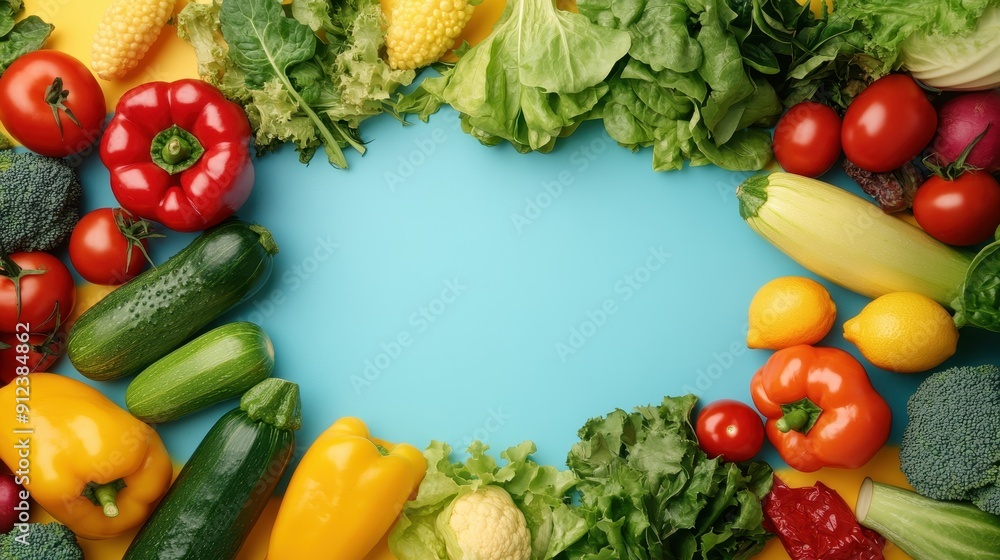 Different fresh fruits and vegetables in blue studio background,Various types of organic vegetable spread evenly on table,Advertising photo for product made from fresh vegetable ingredient,copy space. Different fresh fruits and vegetables in blue studio background,Various types of organic vegetable spread evenly on table,Advertising photo for product made from fresh vegetable ingredient,copy space.