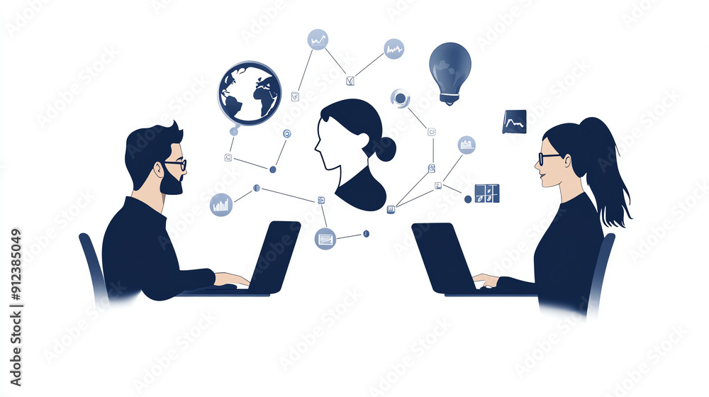 Illustration of two professionals working on laptops, connected through network, symbolizing collaboration, communication, and technology. Illustration of two professionals working on laptops, connected through network, symbolizing collaboration, communication, and technology.
